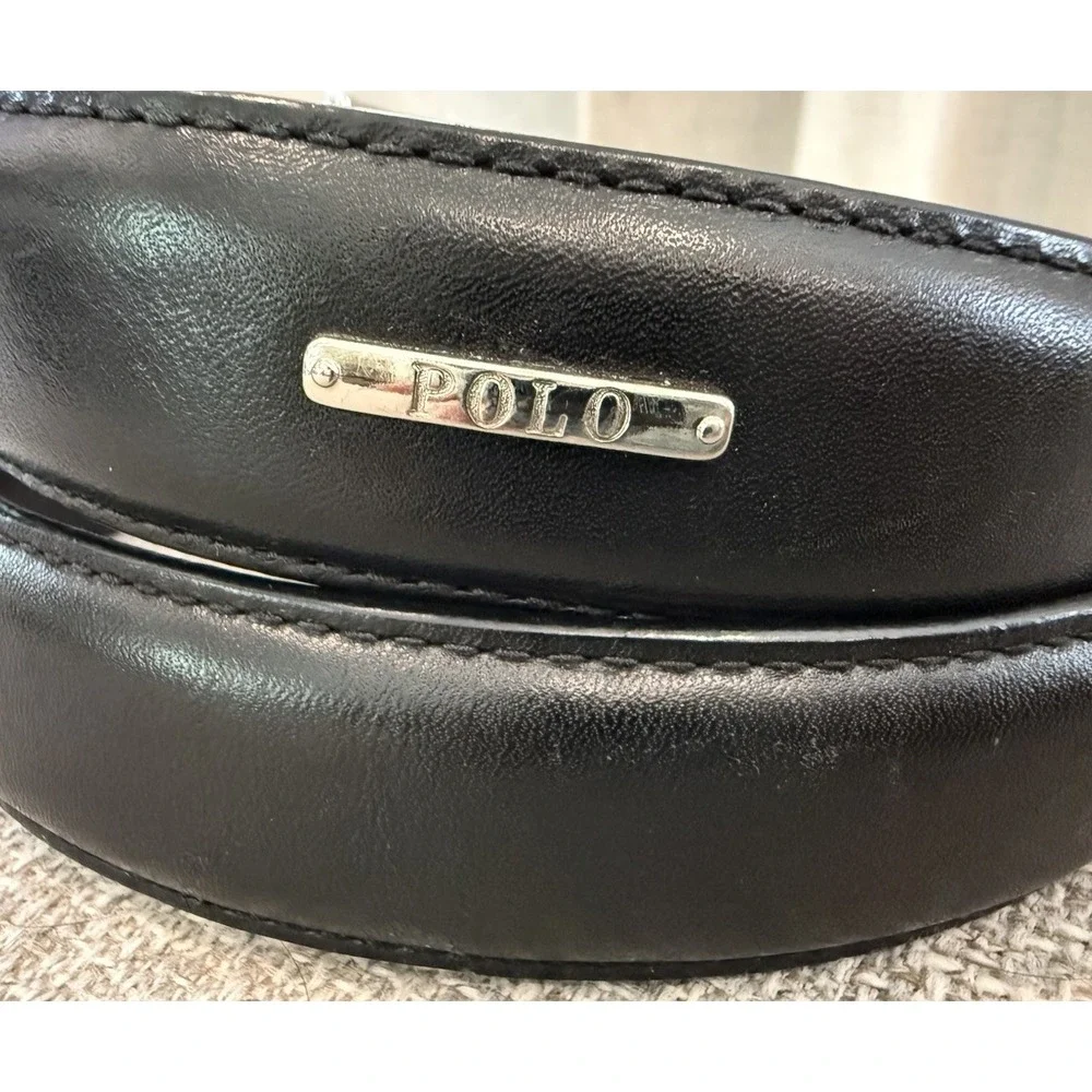 Polo Ralph Lauren Black Leather Belt Silver Buckle Classic Dress Casual Mens 38